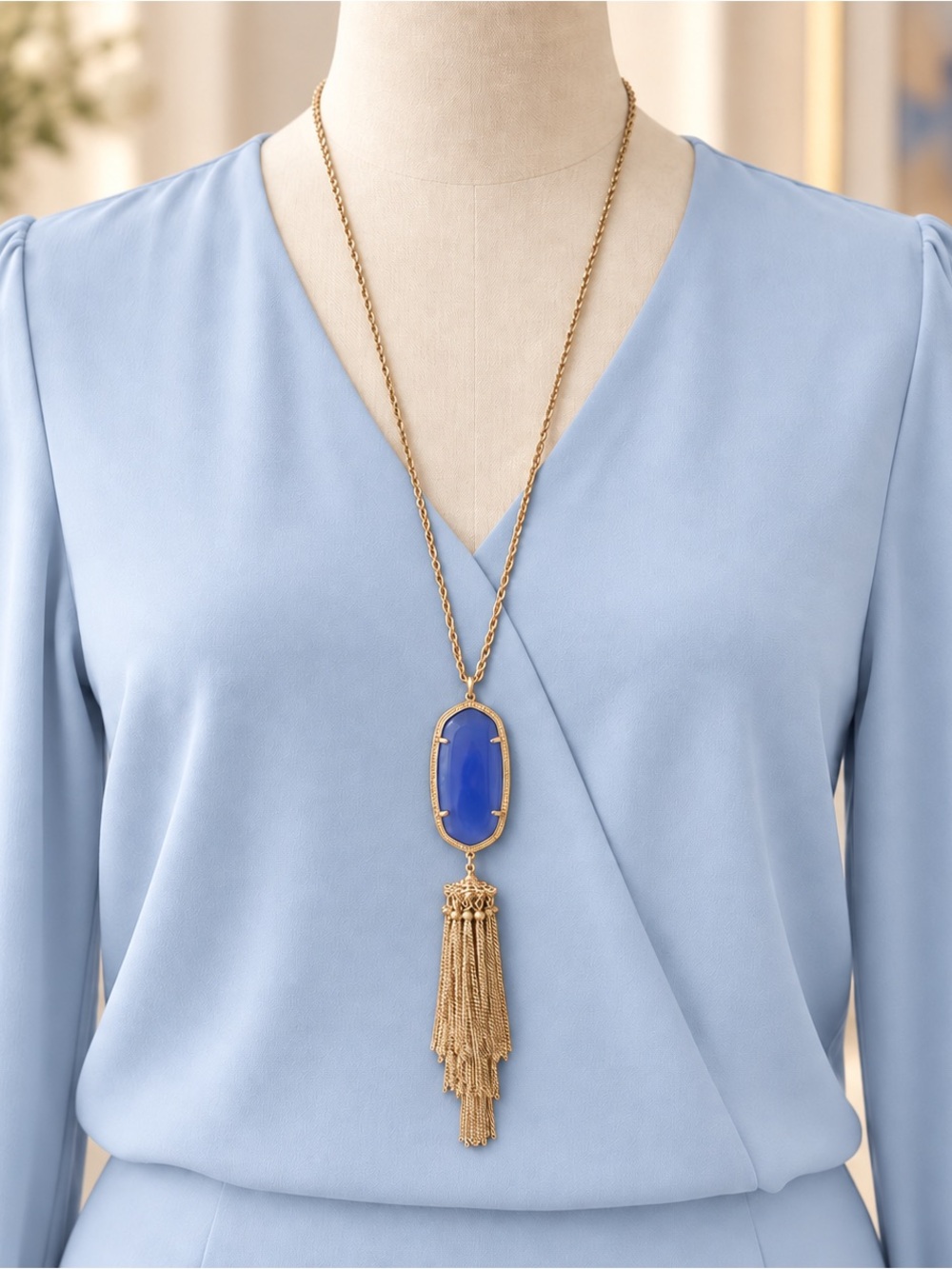 Kendra Scott Rayne Cobalt Blue Stone Gold Tone Tassel Long Pendant Necklace